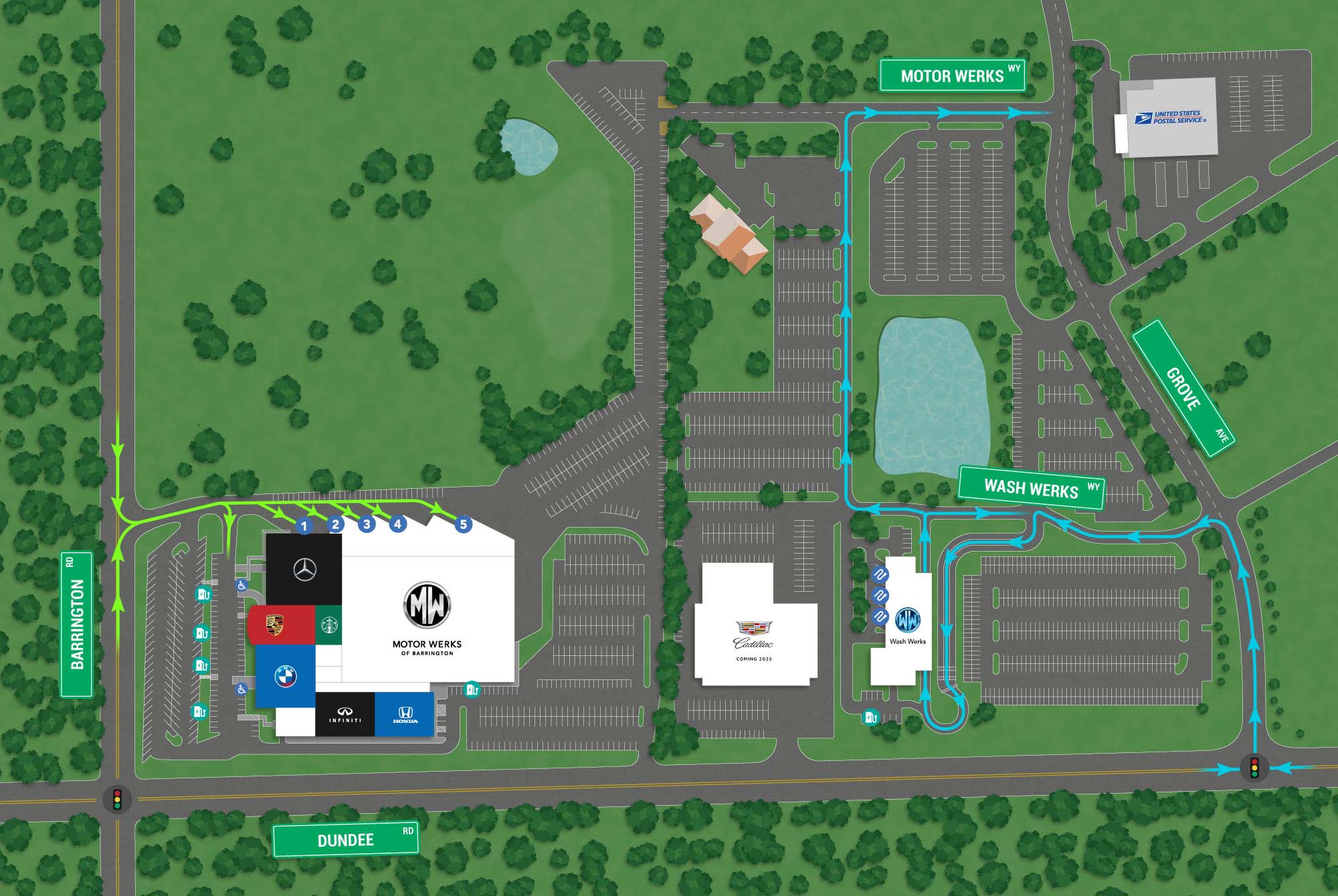 Illustrated map with roads and signage displaying Wash Werks location compared to Motor Werks and Cadillac